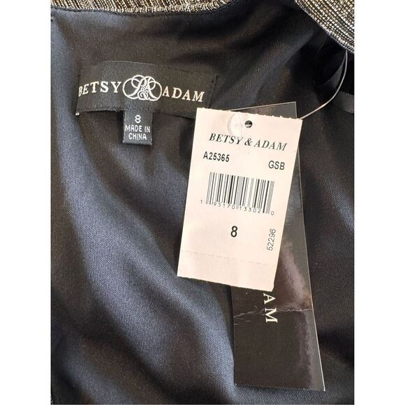 NWT Betsy & Adam Black Silver Metallic V Neck Flutter Sleeve Gown Dress - Picture 7 of 7